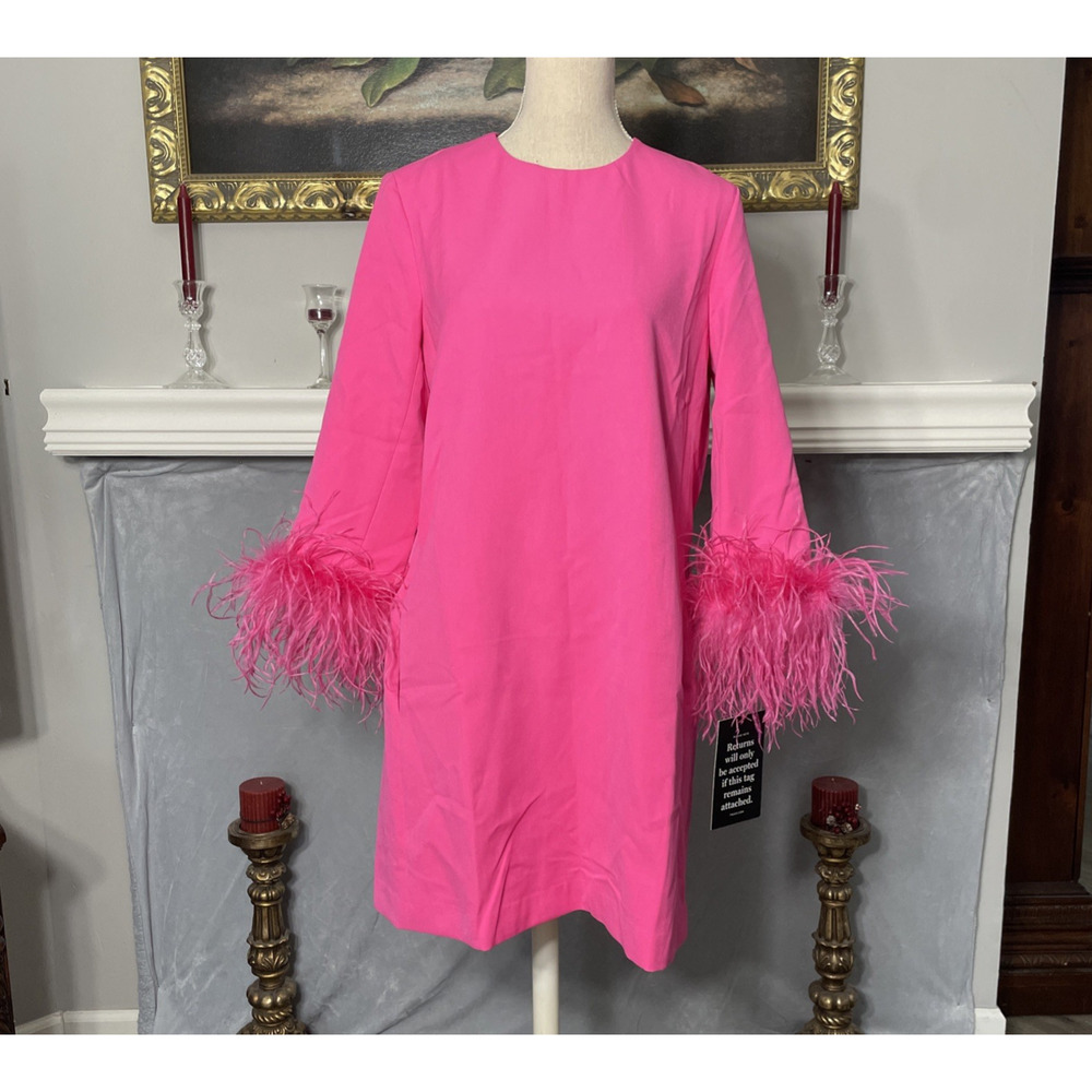 Tuckernuck Hot Pink Feather Sleeve Cocktail Shift Party Dress Large Mod Ellie